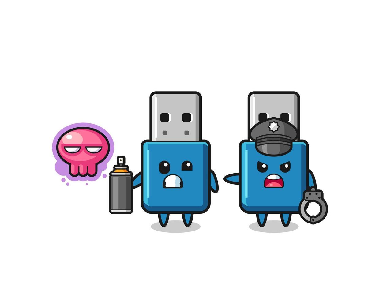 flash drive usb cartoon doing vandalism and caught by the police vector