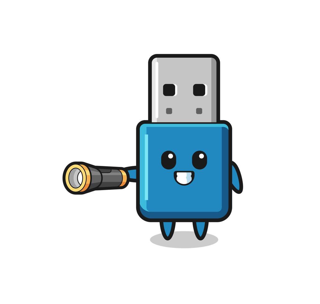 flash drive usb mascot holding flashlight vector