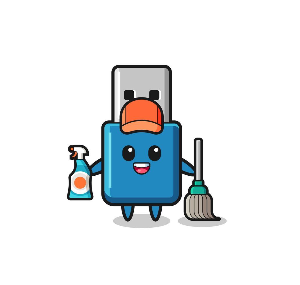 lindo personaje de unidad flash usb como mascota de servicios de limpieza vector