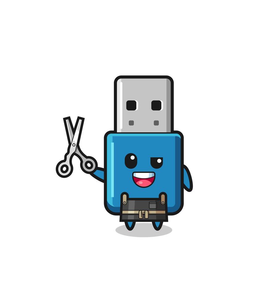 Carácter USB de la unidad flash como mascota de la barbería vector