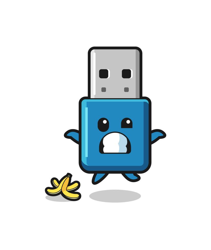 flash drive usb cartoon is slip on a banana peel vector