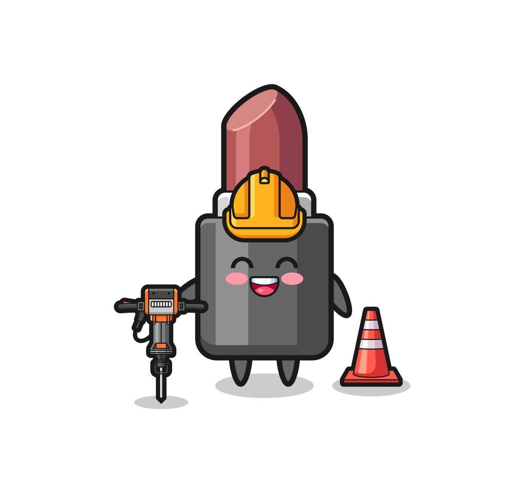 road worker mascot of lipstick holding drill machine vector