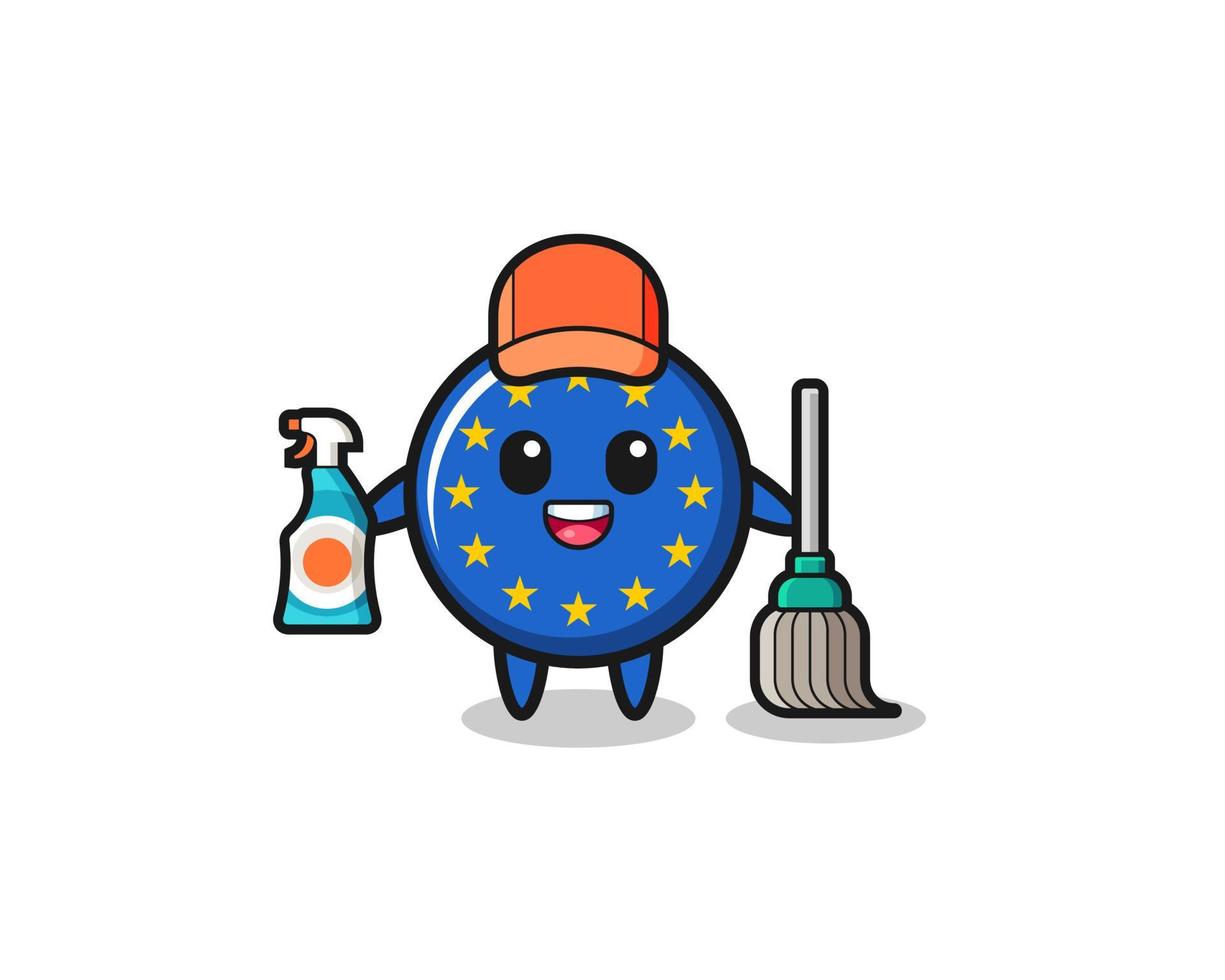 Lindo personaje de la bandera del euro como mascota de los servicios de limpieza vector