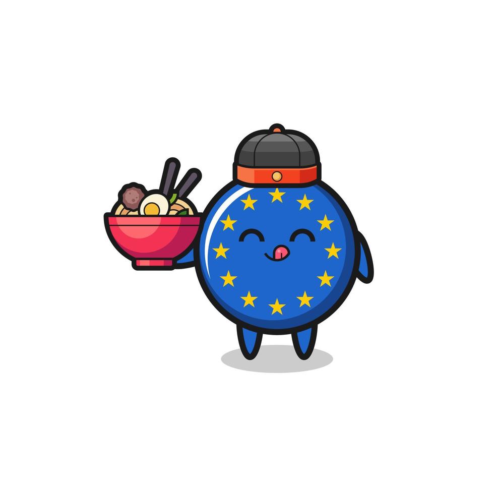 Bandera del euro como mascota chef chino sosteniendo un cuenco de fideos vector