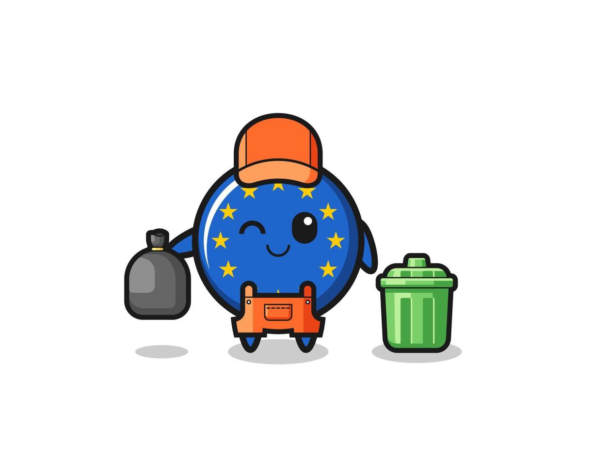 the mascot of cute euro flag as garbage collector vector