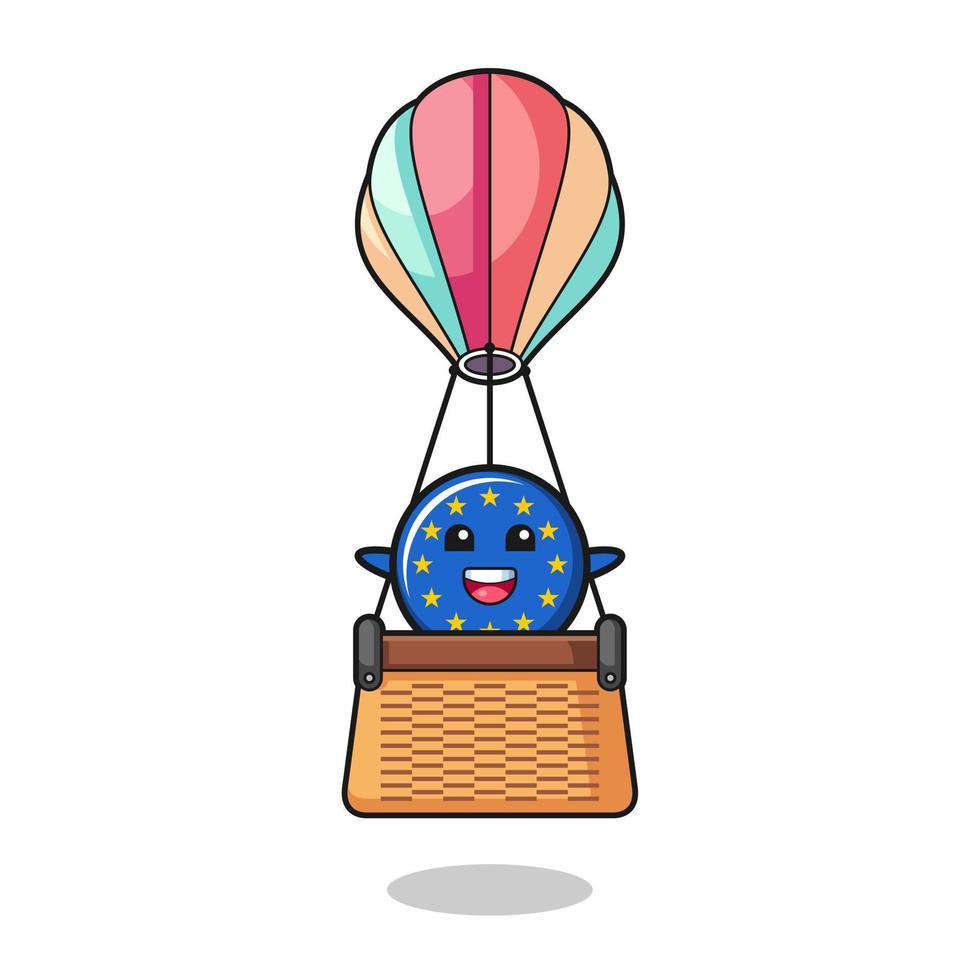 euro flag mascot riding a hot air balloon vector