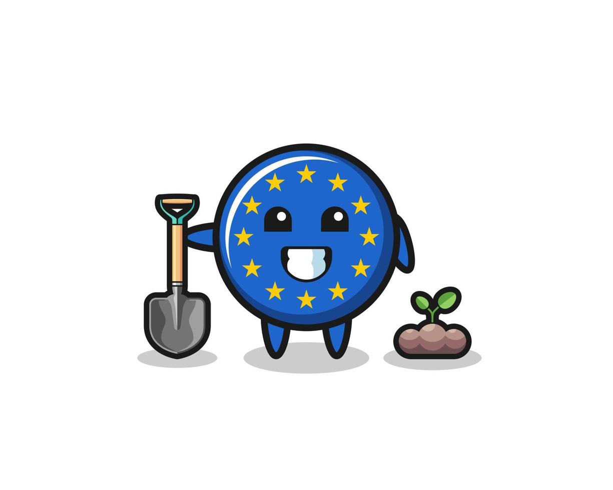 cute euro flag cartoon is planting a tree seed vector