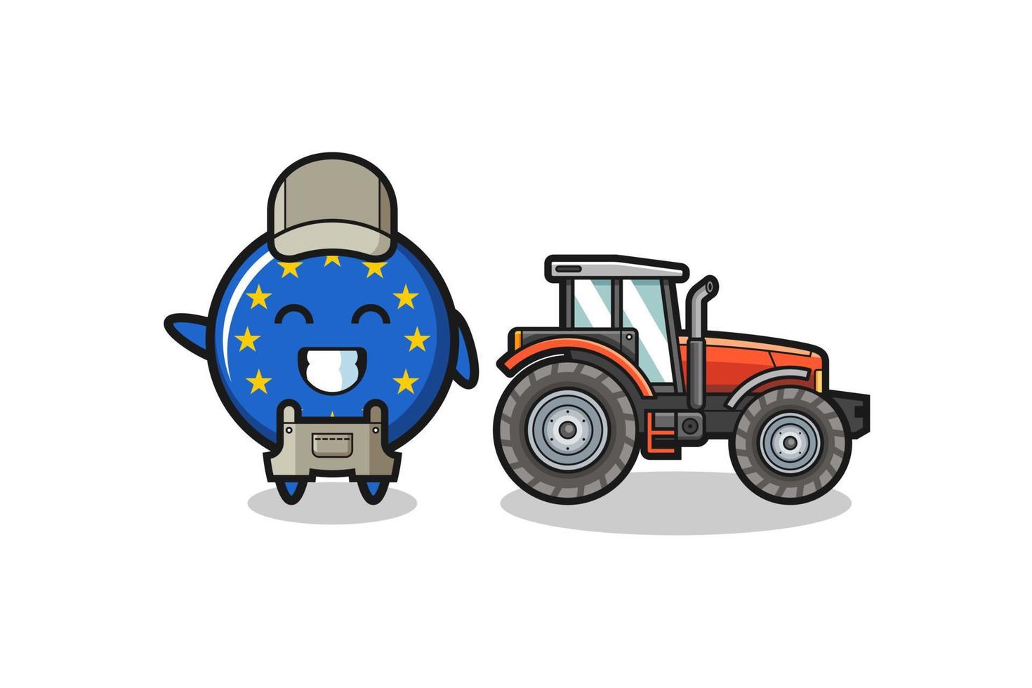 the euro flag farmer mascot standing beside a tractor vector