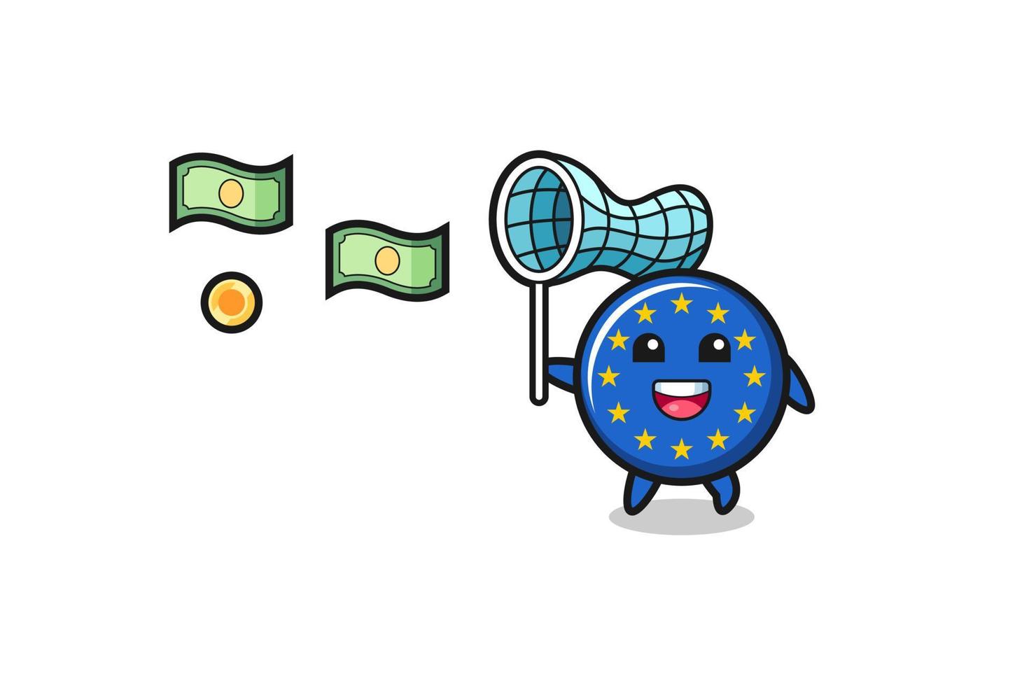 Ilustración de la bandera del euro capturando dinero volador vector