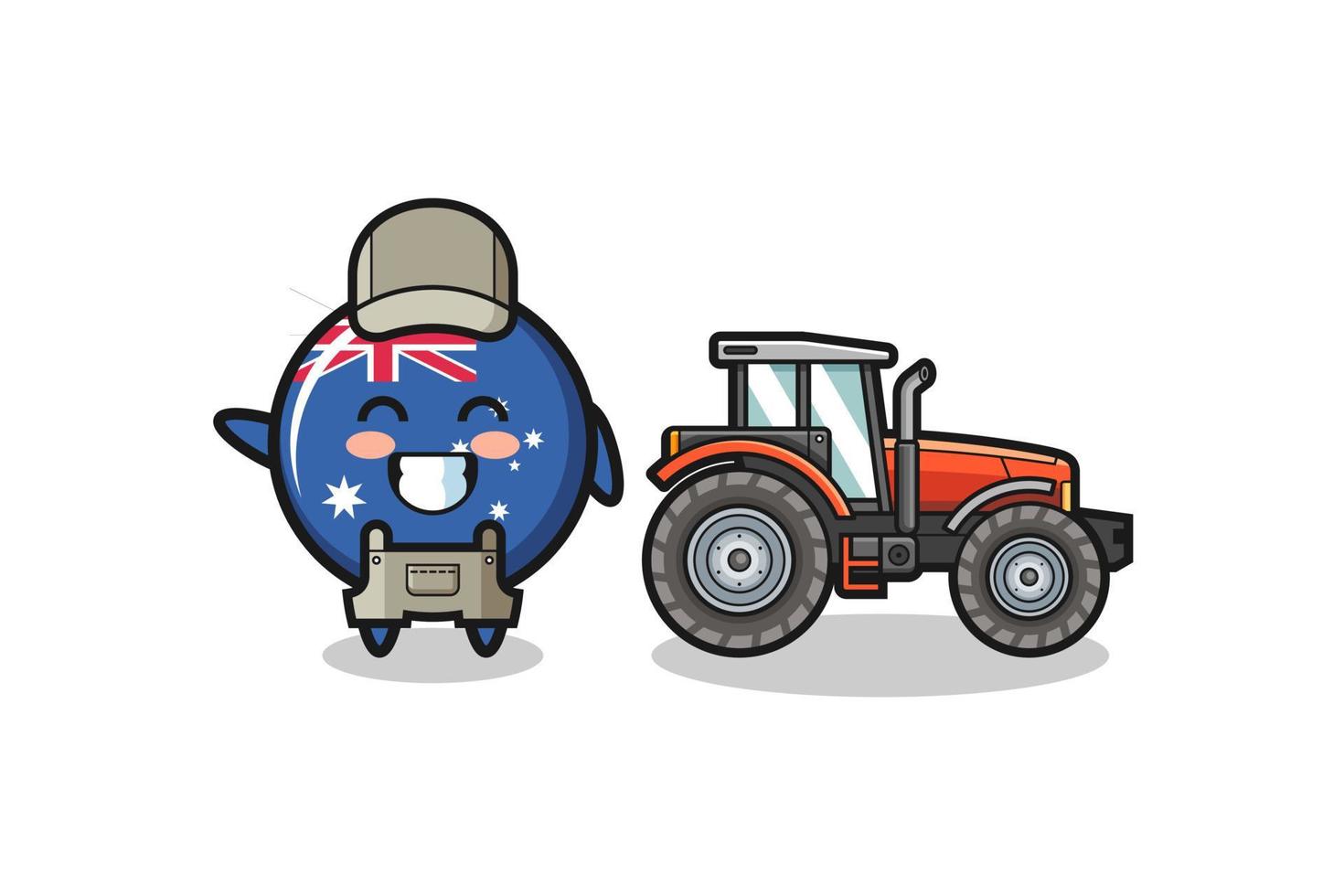 La mascota del granjero de la bandera de Australia de pie junto a un tractor vector