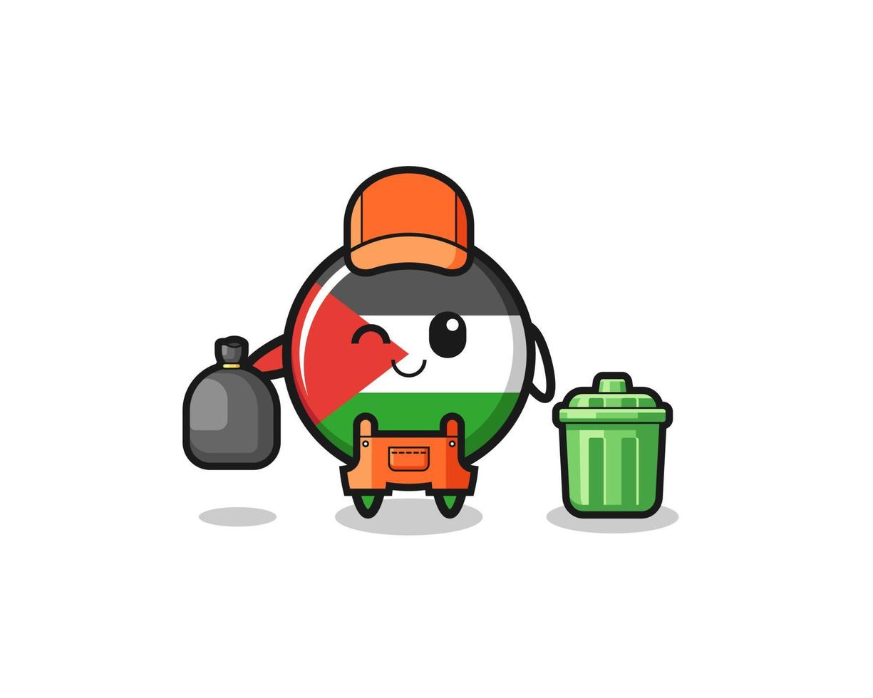 la mascota de la linda bandera de palestina como recolector de basura vector