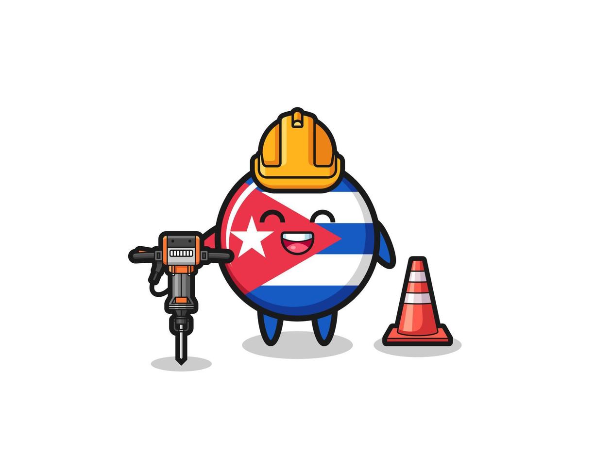 road worker mascot of cuba flag holding drill machine vector