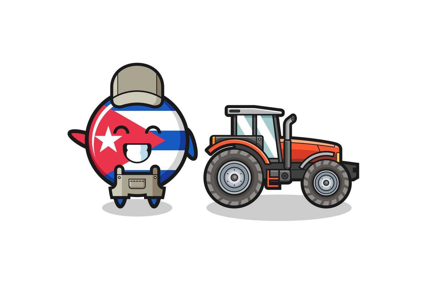 La mascota del granjero de la bandera de Cuba de pie junto a un tractor vector