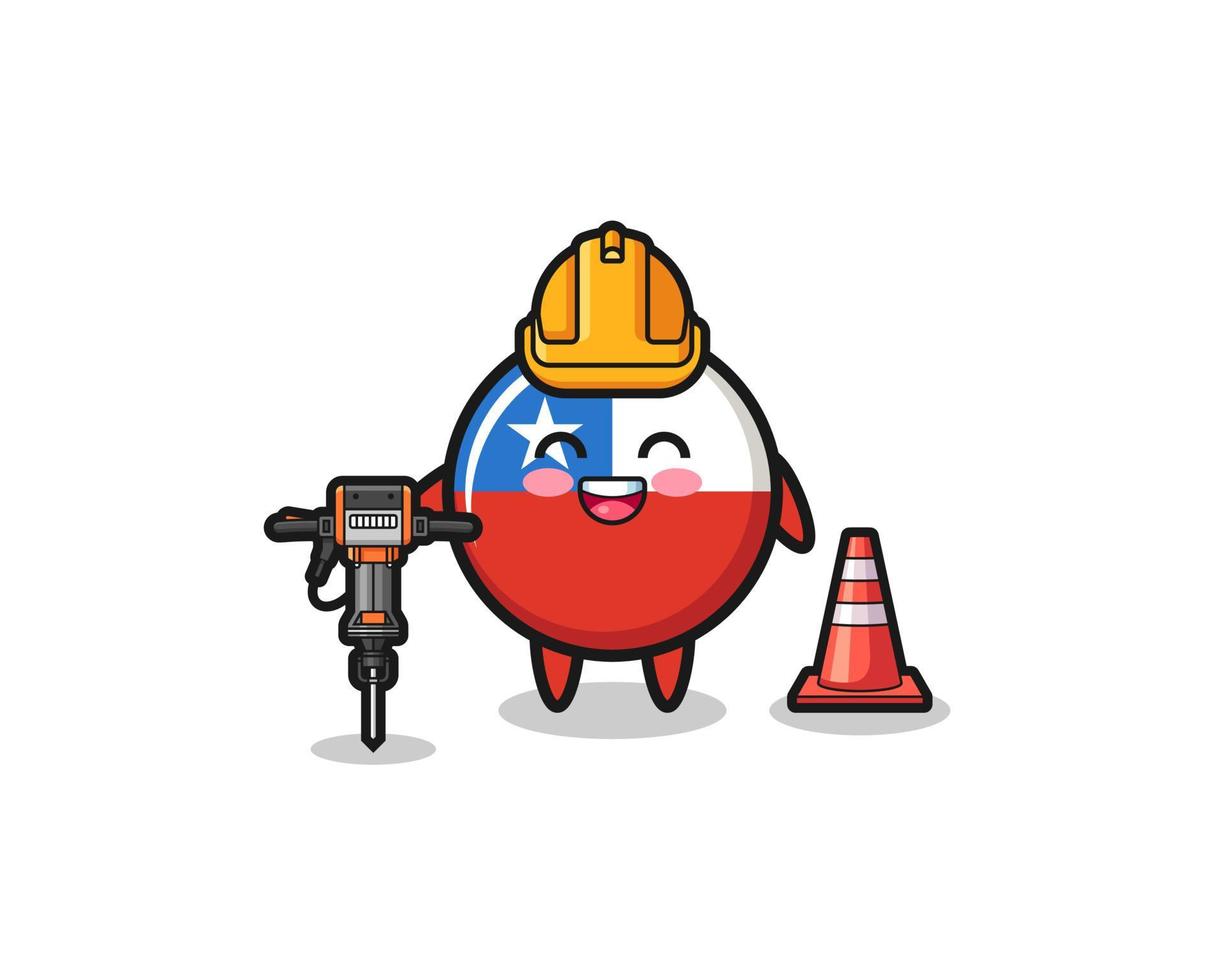 road worker mascot of chile flag holding drill machine vector