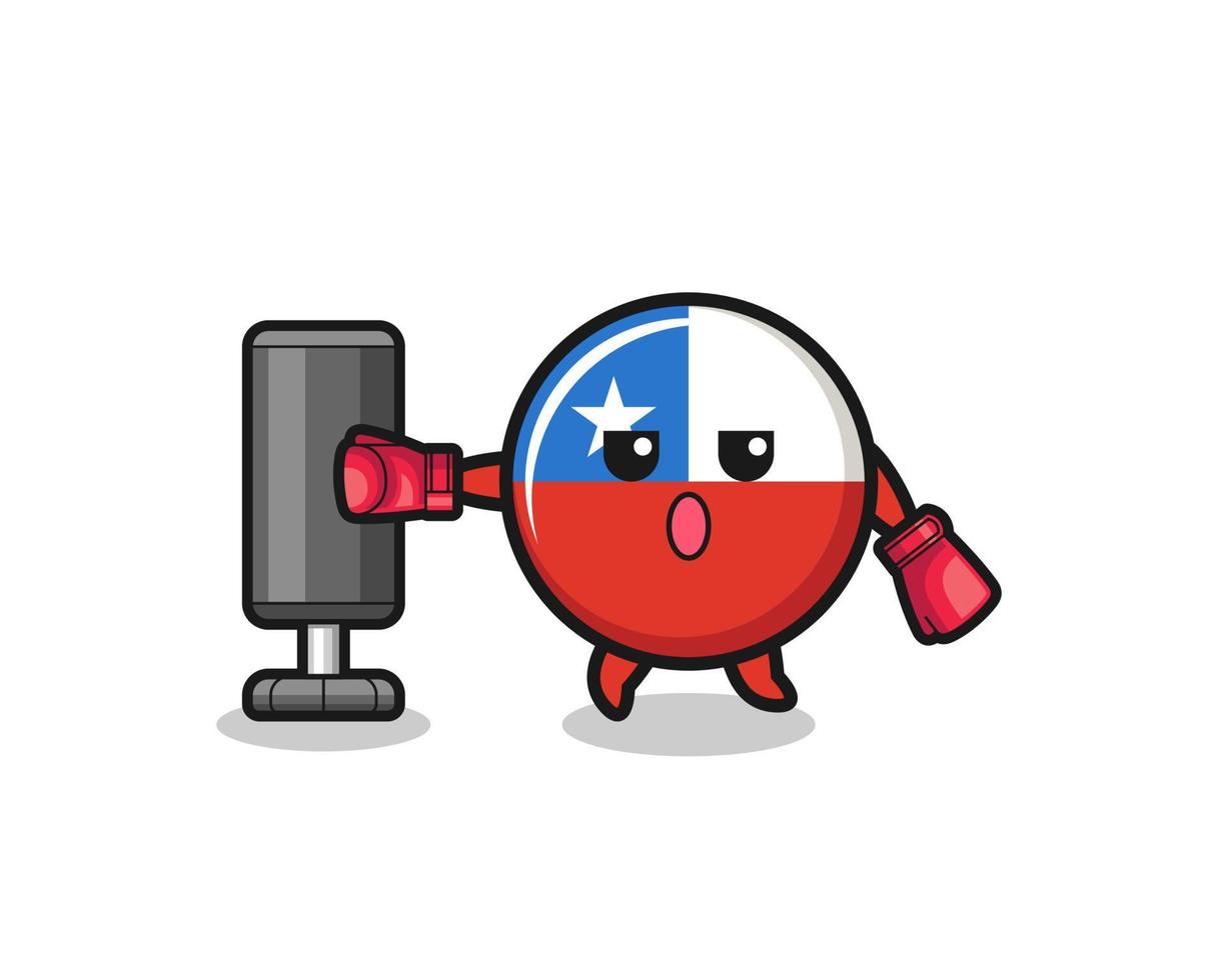 Dibujos animados de boxeador de bandera de Chile haciendo entrenamiento con saco de boxeo vector