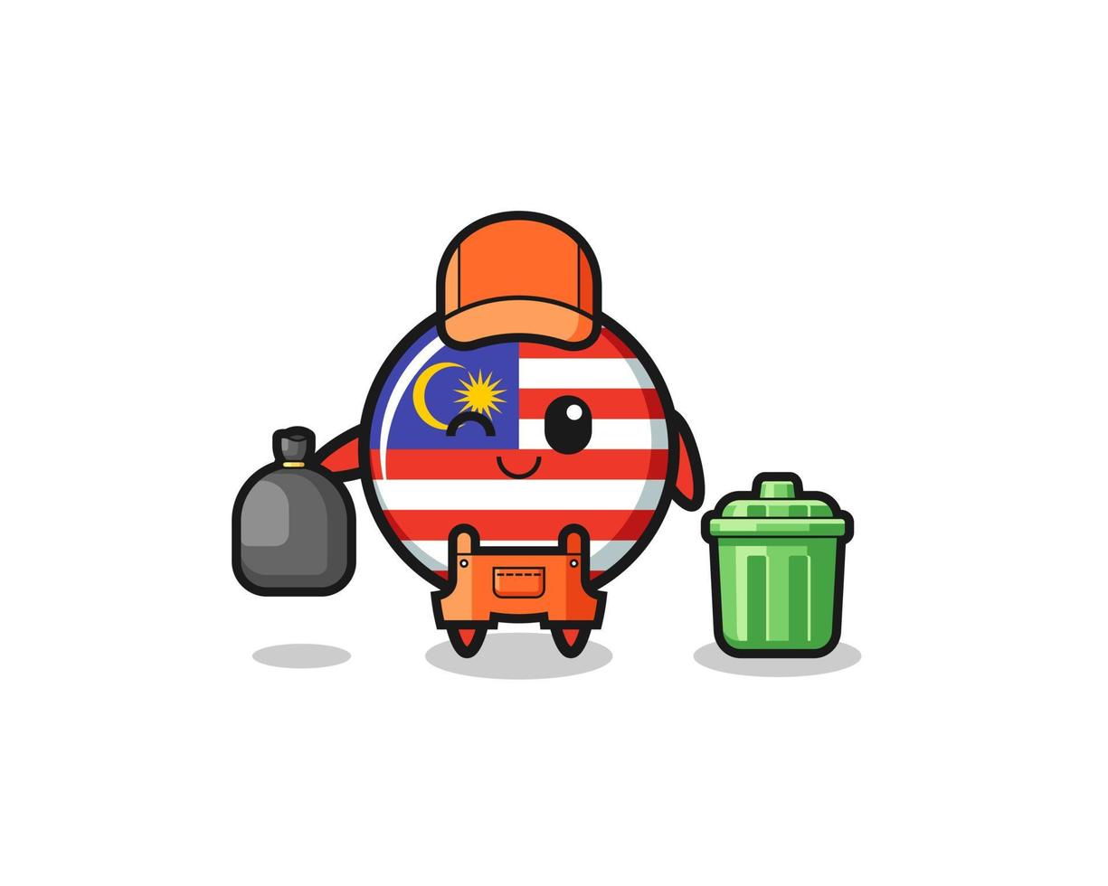 la mascota de la linda bandera de malasia como recolector de basura vector