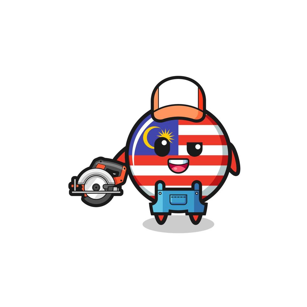 la mascota de la bandera de malasia carpintero sosteniendo una sierra circular vector