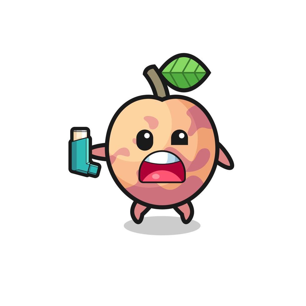 pluot fruit mascot having asthma while holding the inhaler vector