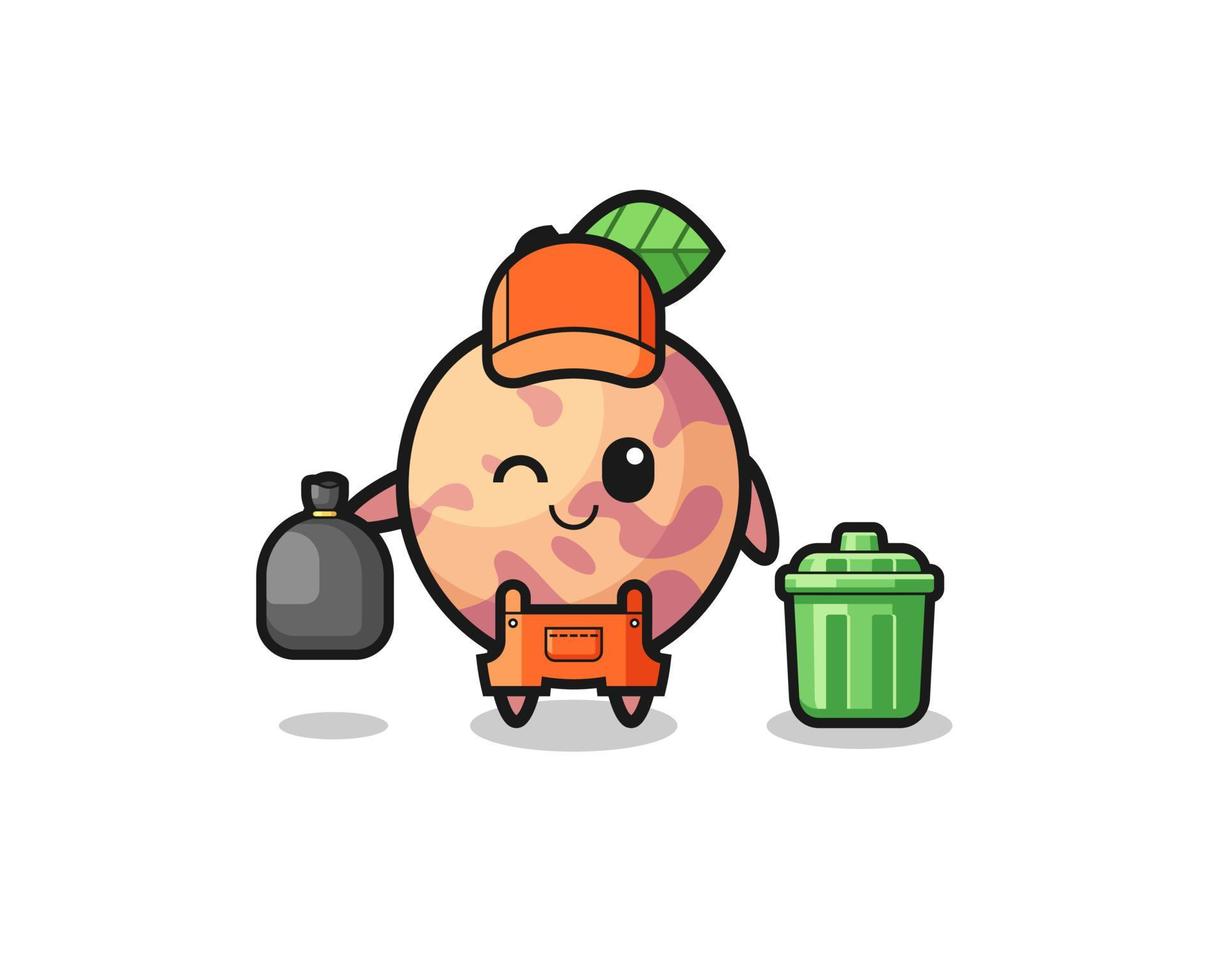 the mascot of cute pluot fruit as garbage collector vector
