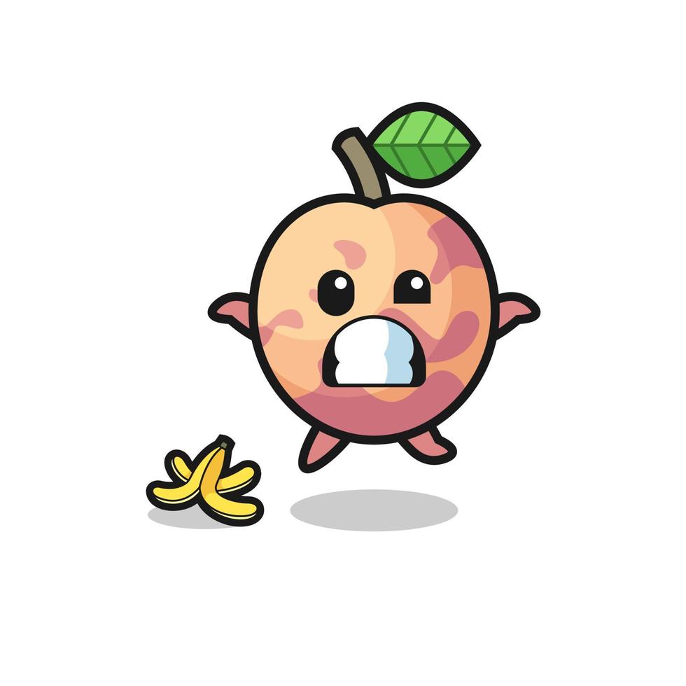 pluot fruit cartoon is slip on a banana peel vector