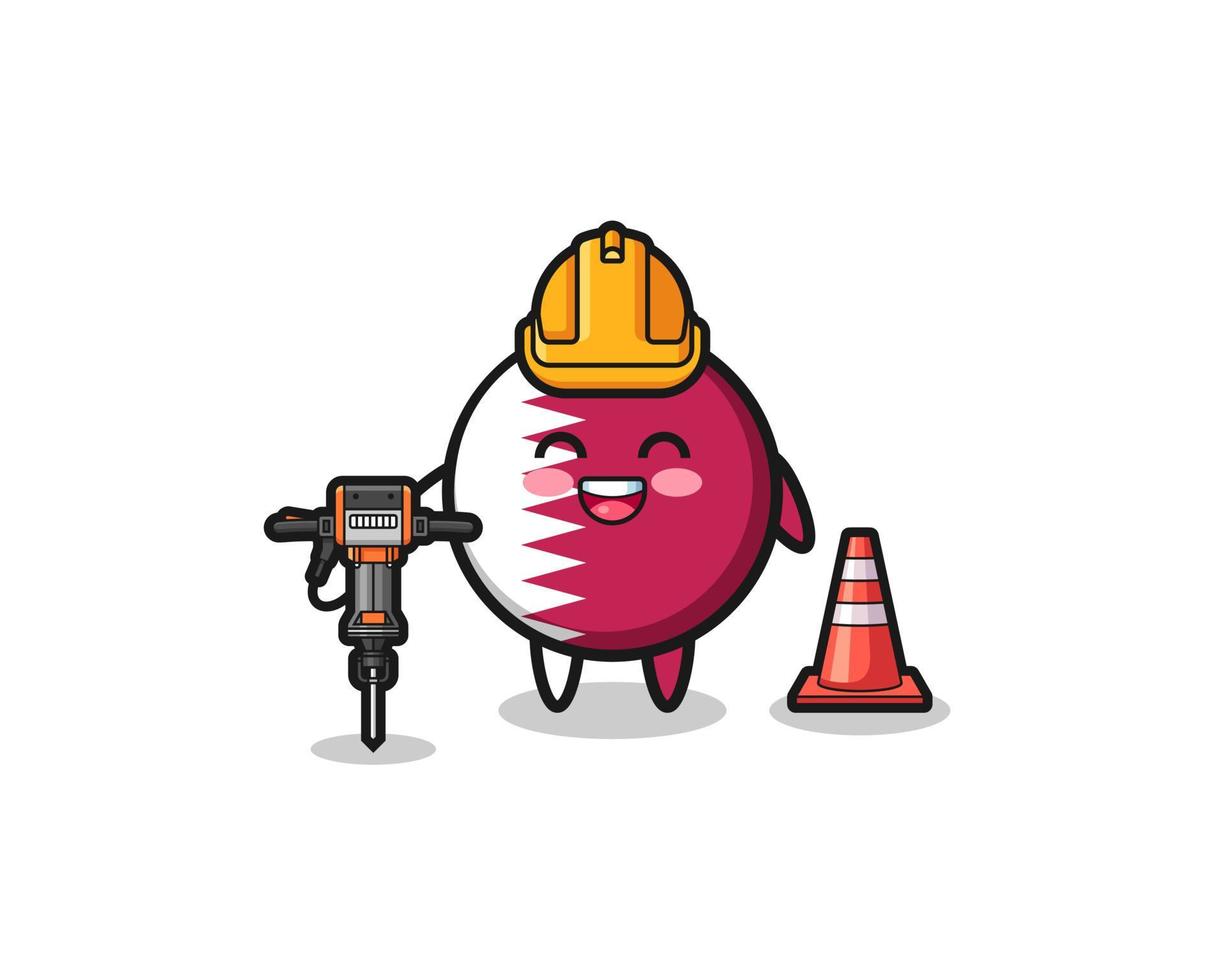 road worker mascot of qatar flag holding drill machine vector