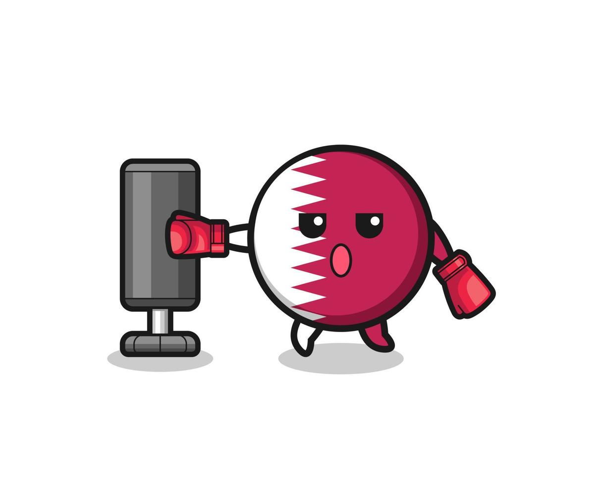 qatar flag boxer cartoon doing training with punching bag vector