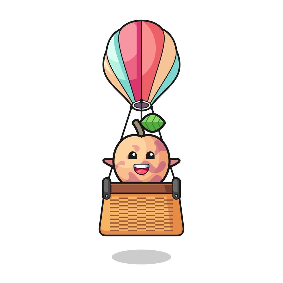 mascota de la fruta pluot montando un globo aerostático vector