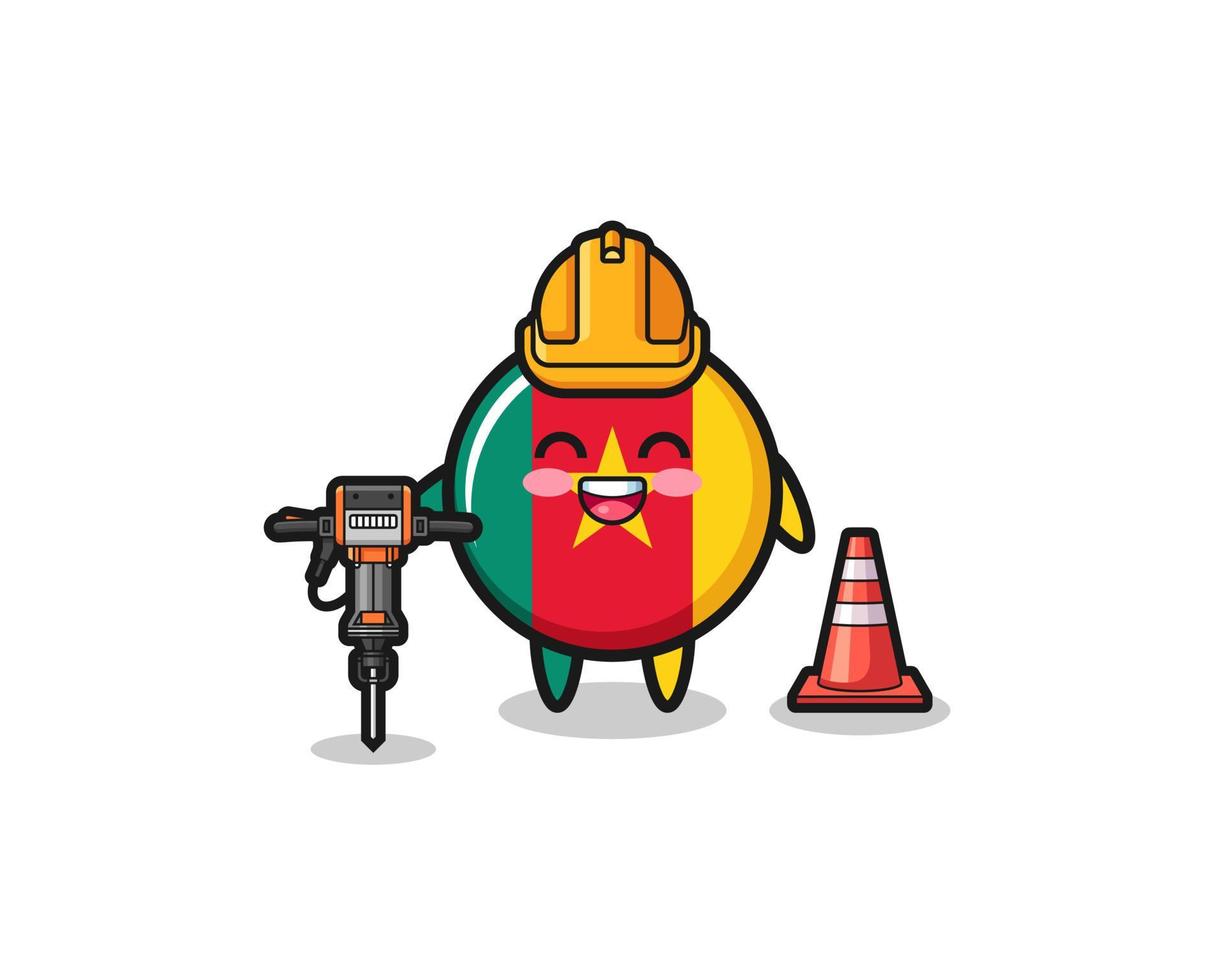 road worker mascot of cameroon flag holding drill machine vector