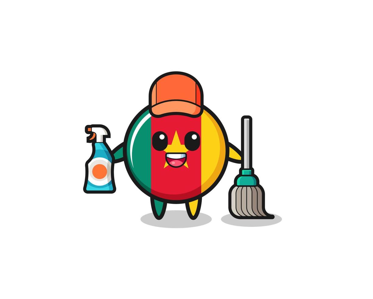 lindo personaje de la bandera de camerún como mascota de los servicios de limpieza vector