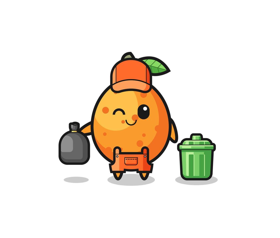 the mascot of cute kumquat as garbage collector vector