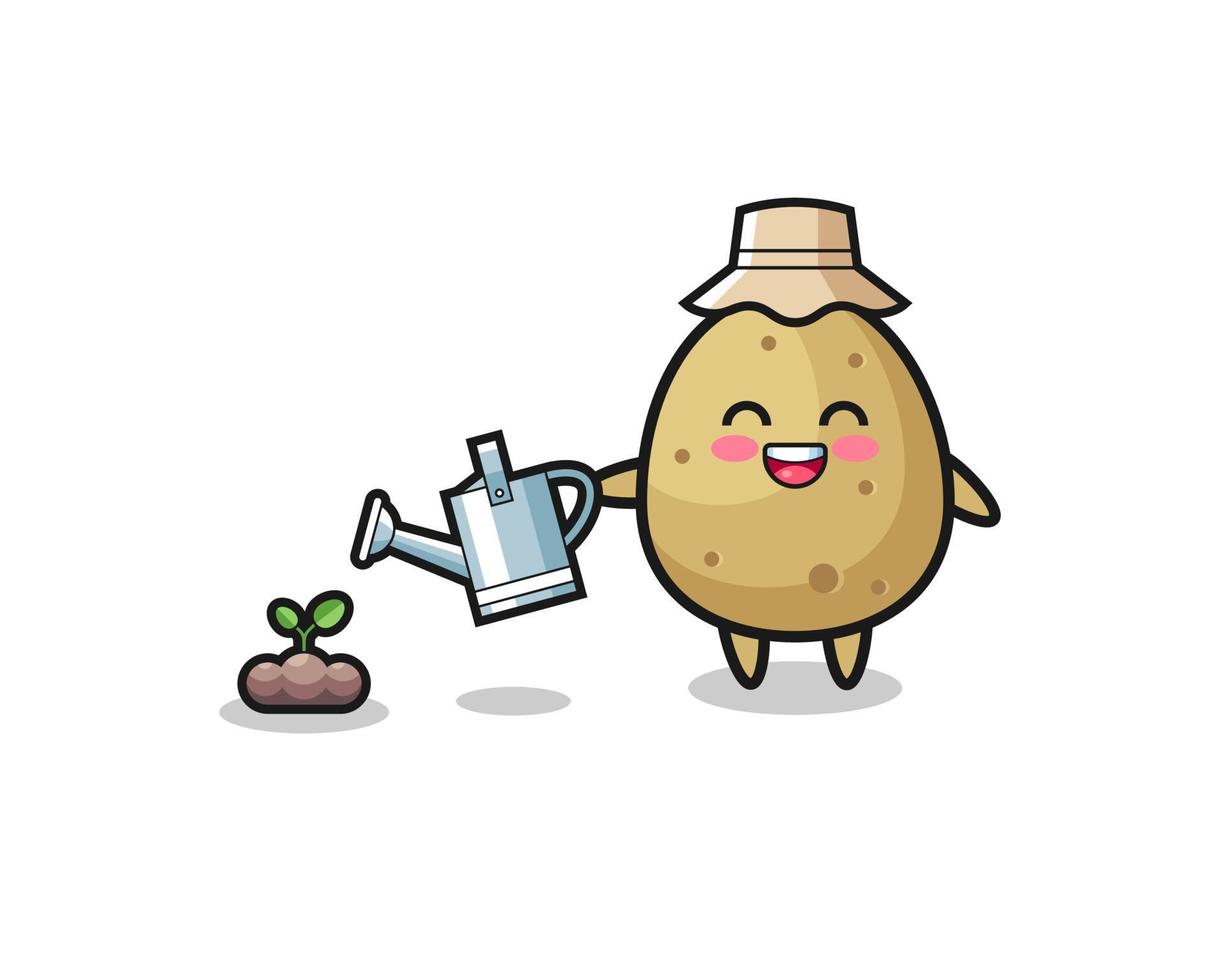 cute potato is watering plant seeds vector