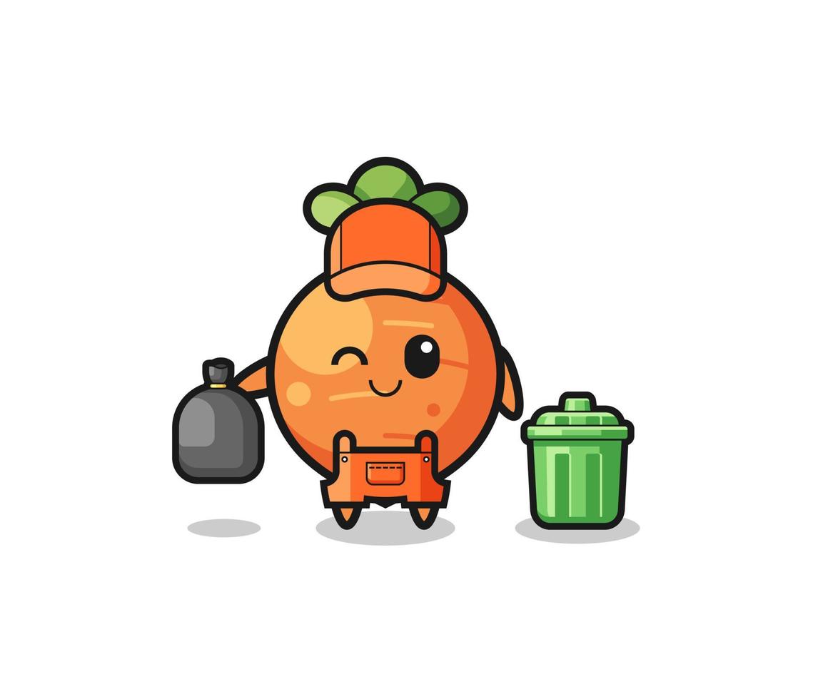 the mascot of cute carrot as garbage collector vector