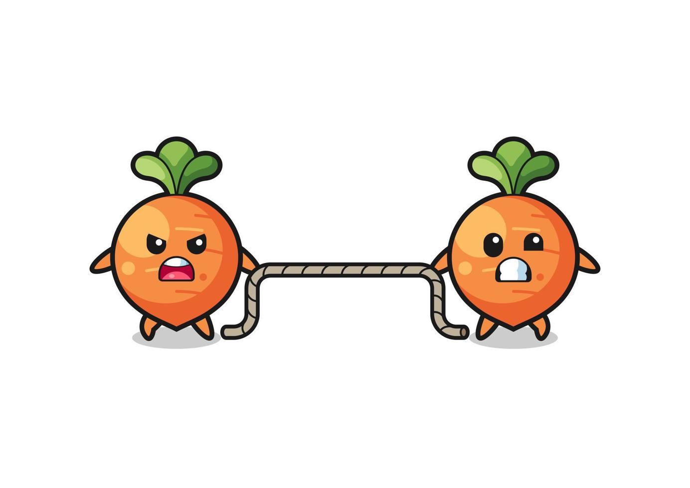 cute carrot character is playing tug of war game vector