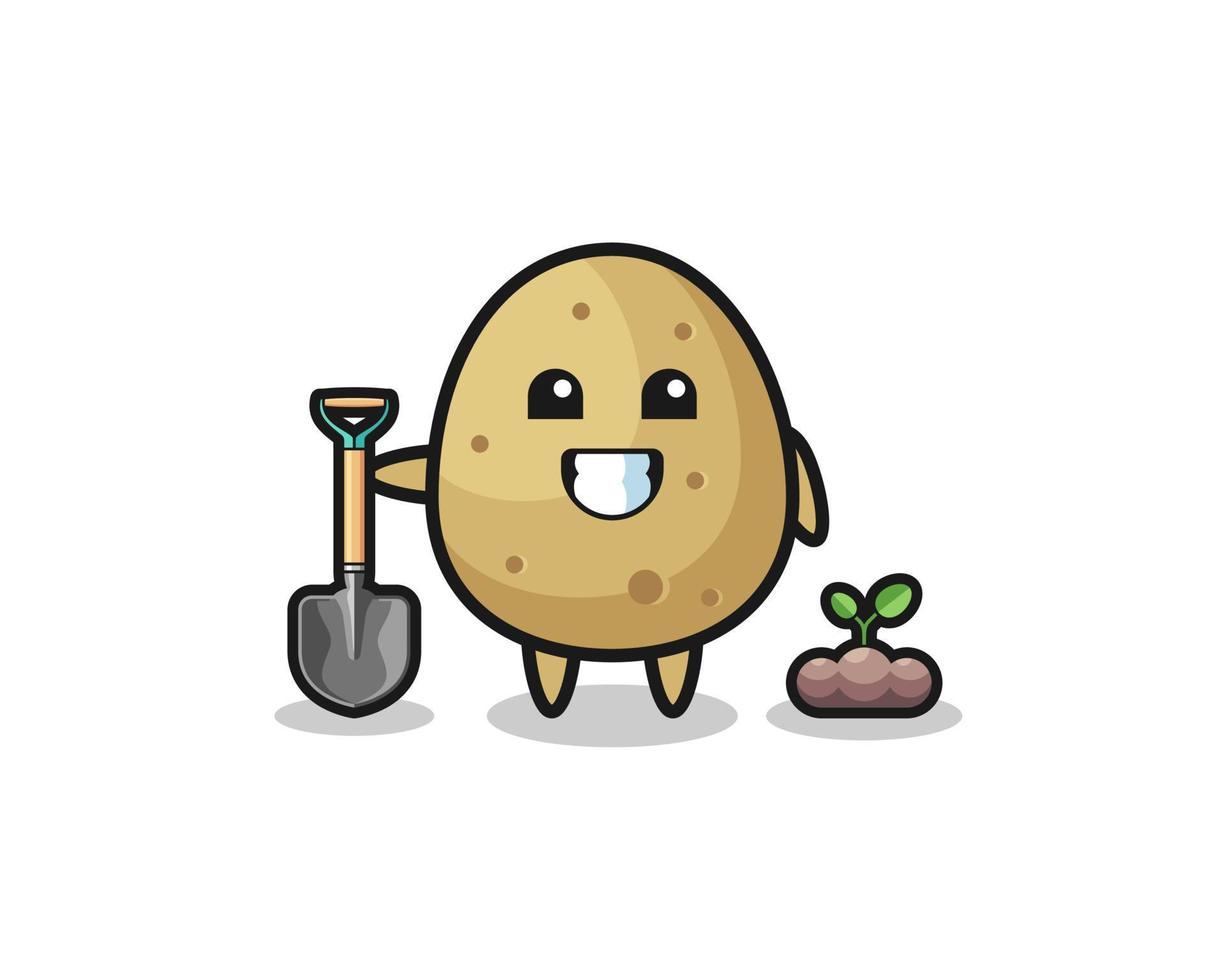 cute potato cartoon is planting a tree seed vector