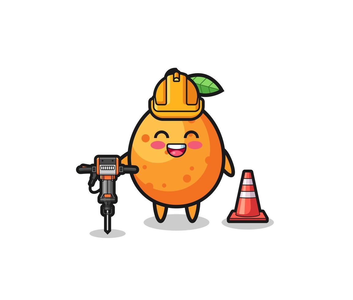 road worker mascot of kumquat holding drill machine vector