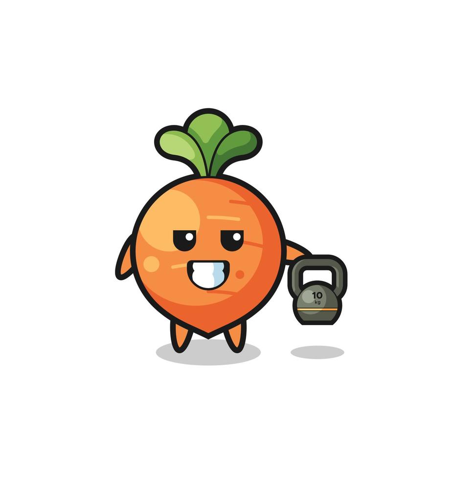 carrot mascot lifting kettlebell in the gym vector