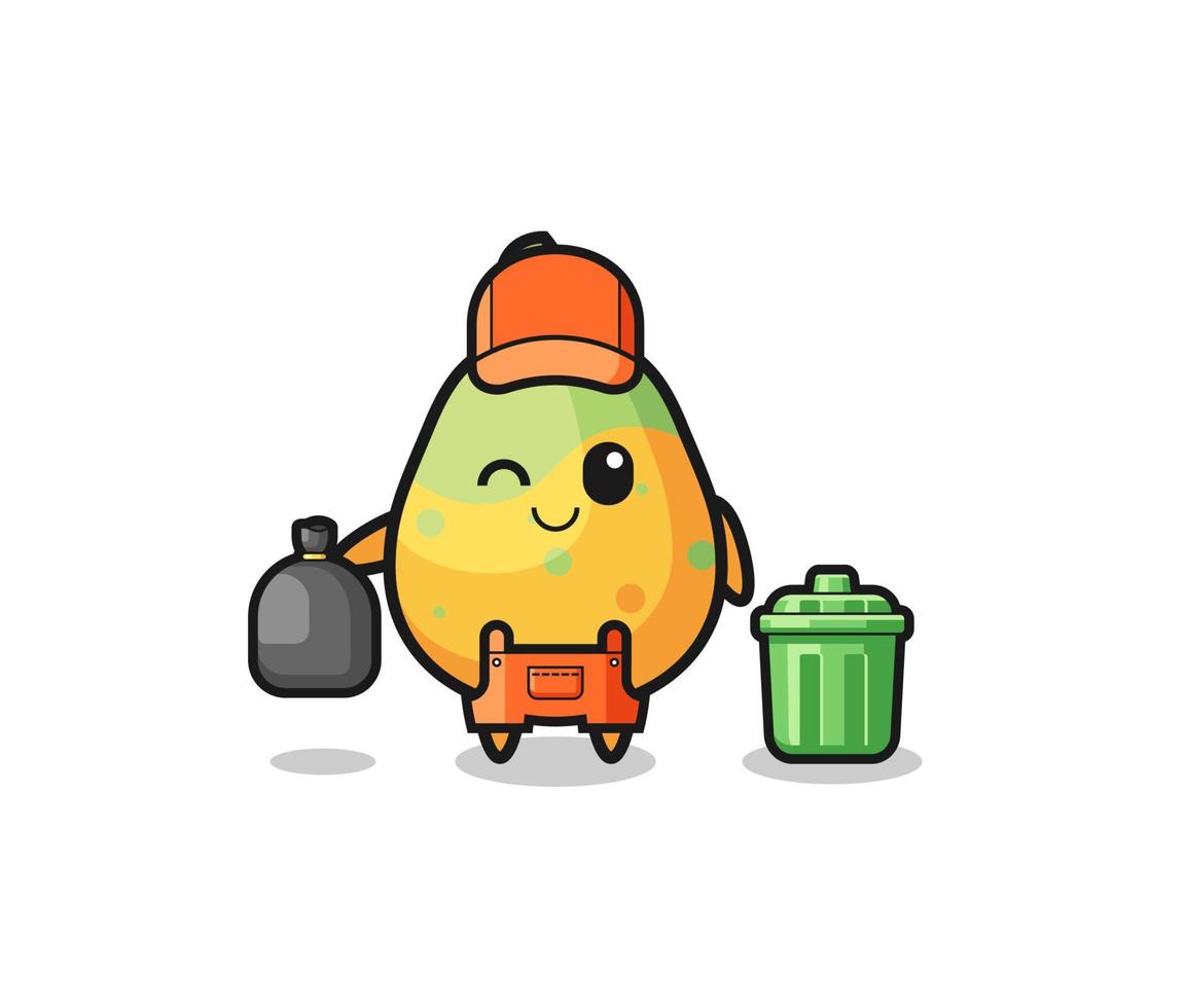 the mascot of cute papaya as garbage collector vector