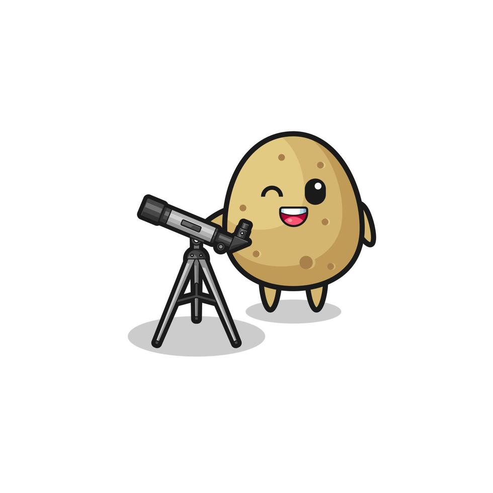 mascota del astrónomo de la patata con un telescopio moderno vector