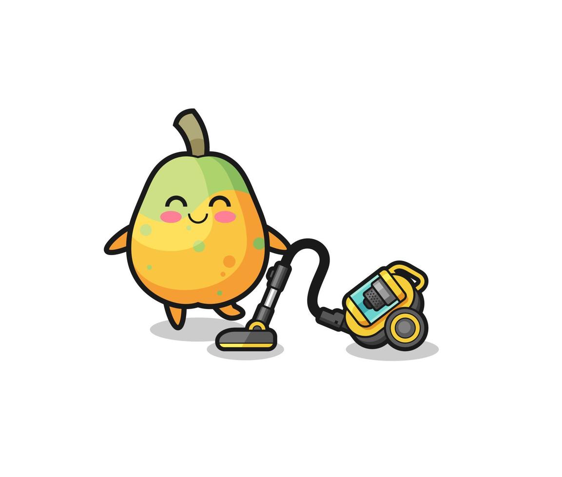 cute papaya holding vacuum cleaner illustration vector
