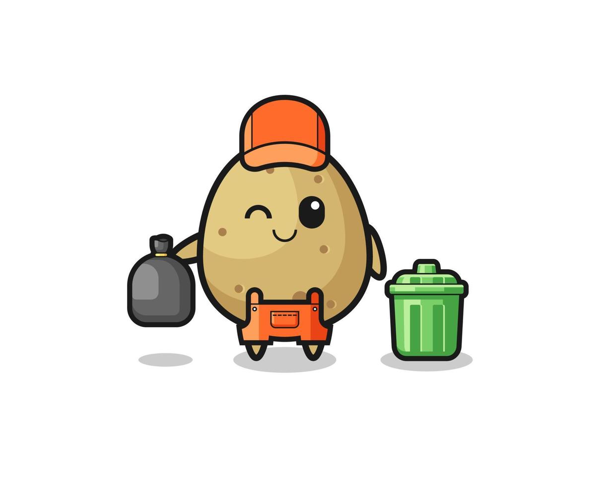 the mascot of cute potato as garbage collector vector