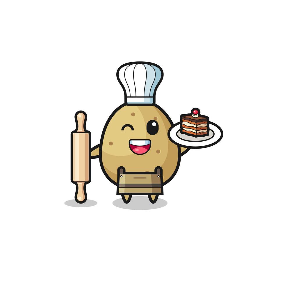 potato as pastry chef mascot hold rolling pin vector