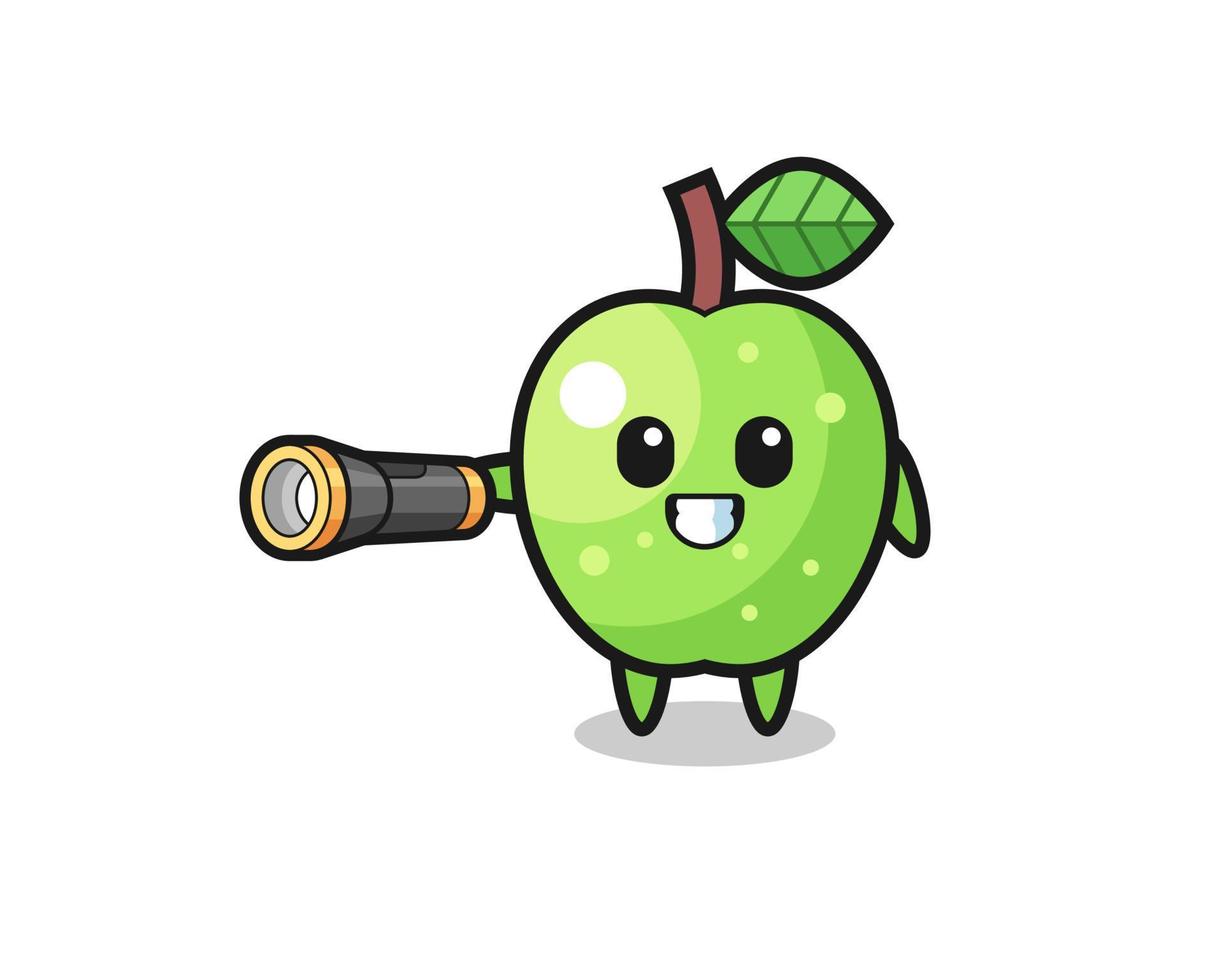green apple mascot holding flashlight vector
