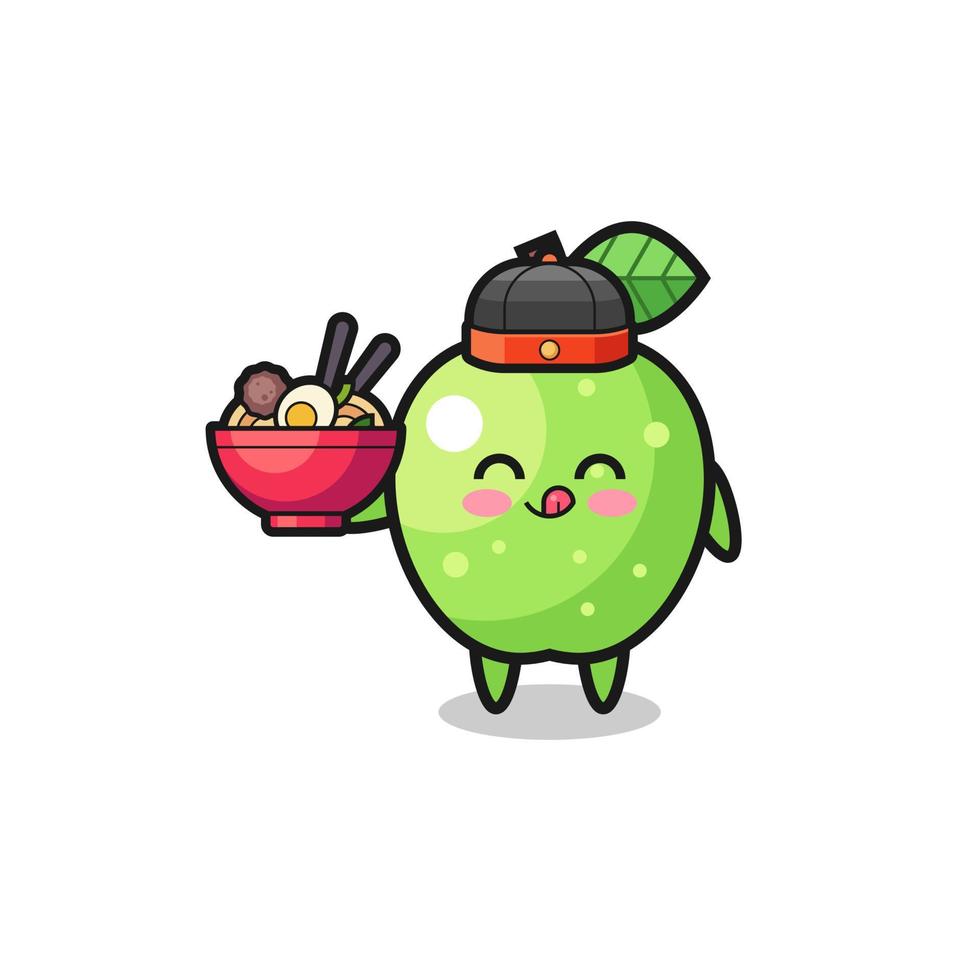 manzana verde como mascota chef chino sosteniendo un cuenco de fideos vector