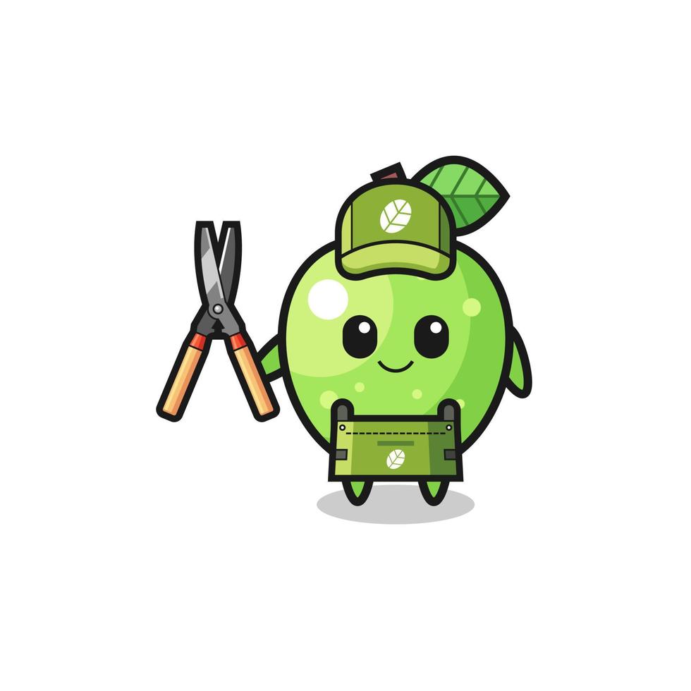 cute green apple as gardener mascot vector