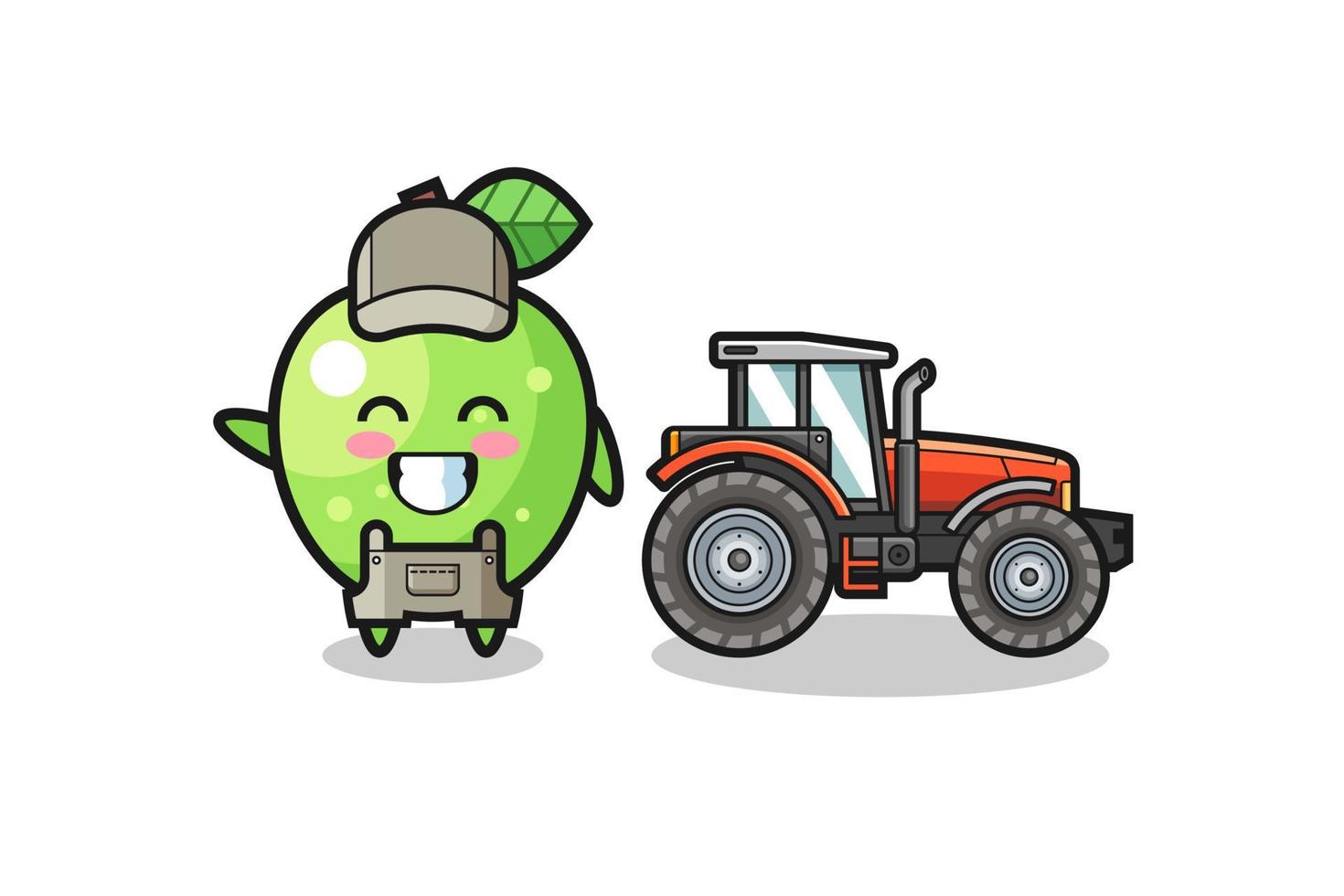 la mascota del granjero de manzana verde de pie junto a un tractor vector