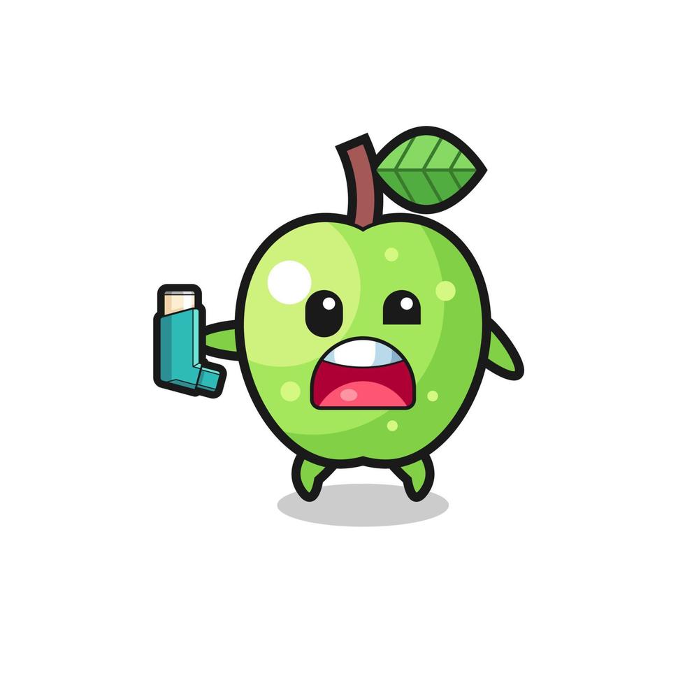 green apple mascot having asthma while holding the inhaler vector