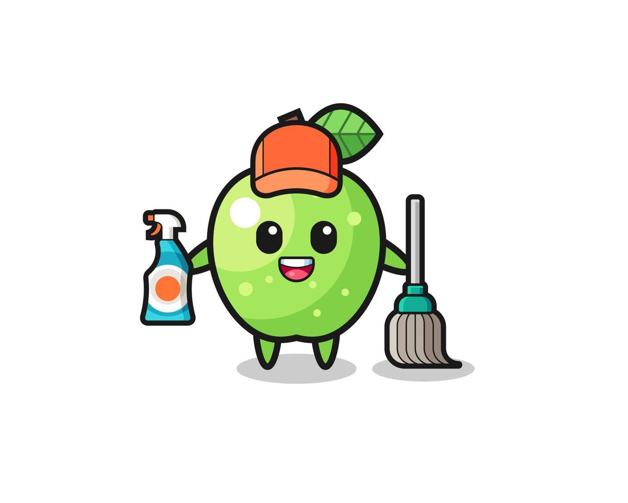 lindo personaje de manzana verde como mascota de servicios de limpieza vector