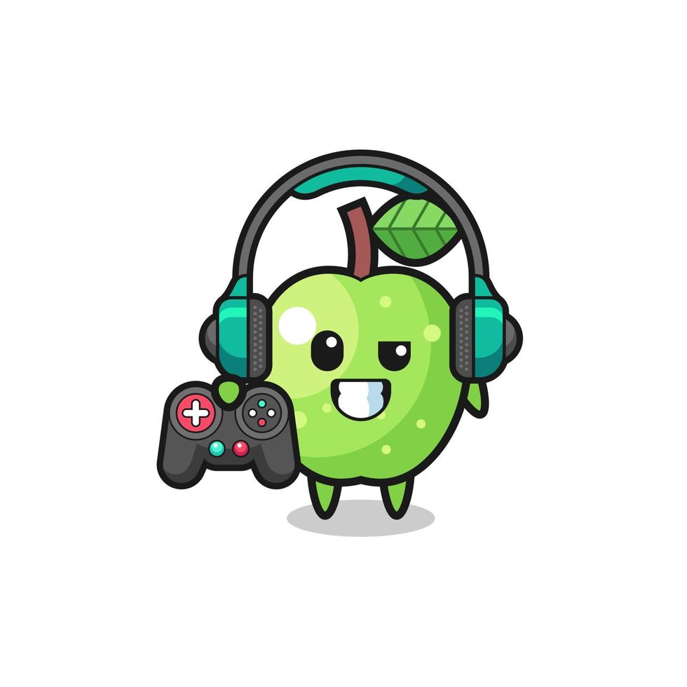 green apple gamer mascot holding a game controller vector