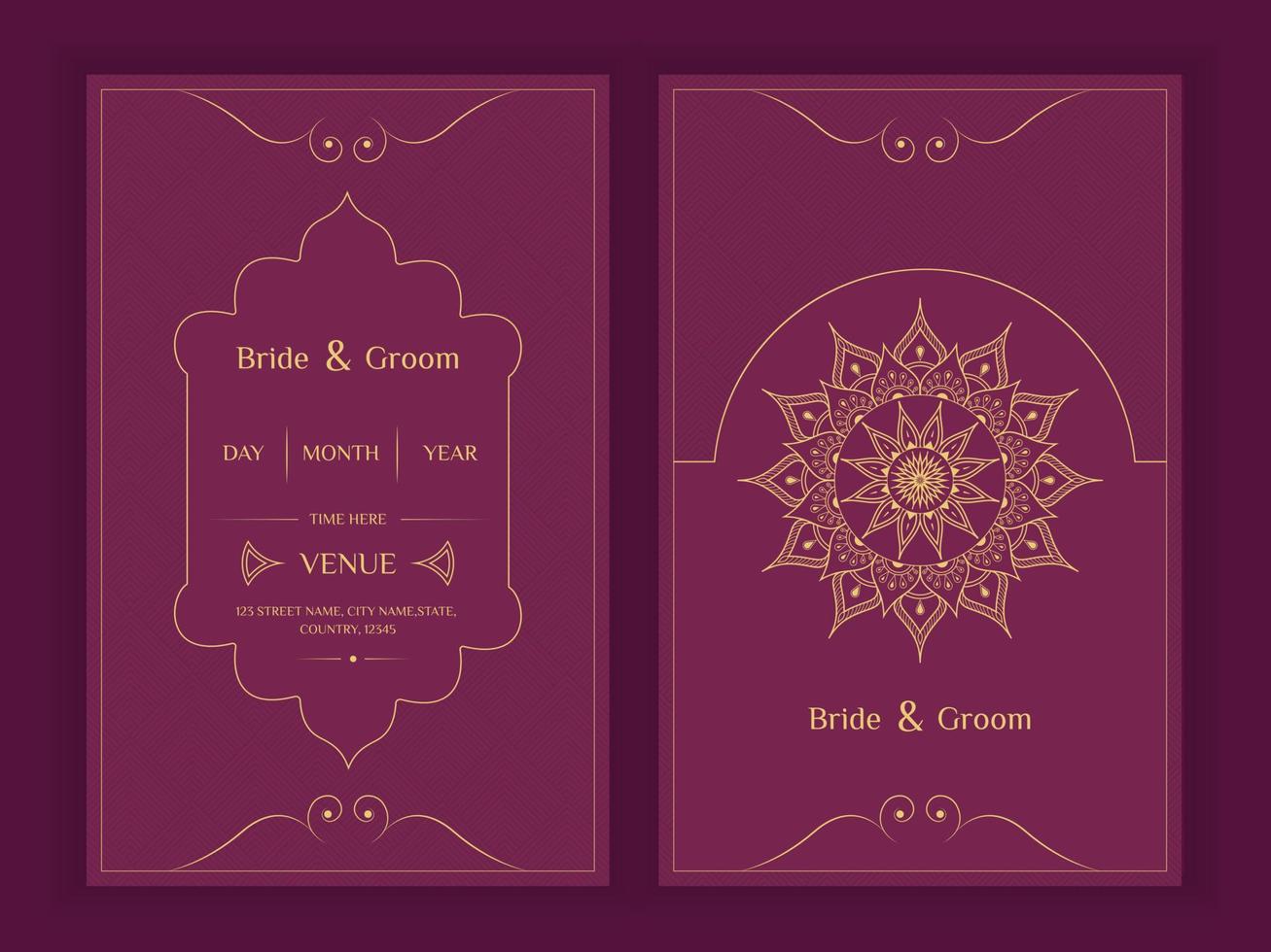 Plantilla de tarjeta de boda india con diseño de invitación digital mandala vector