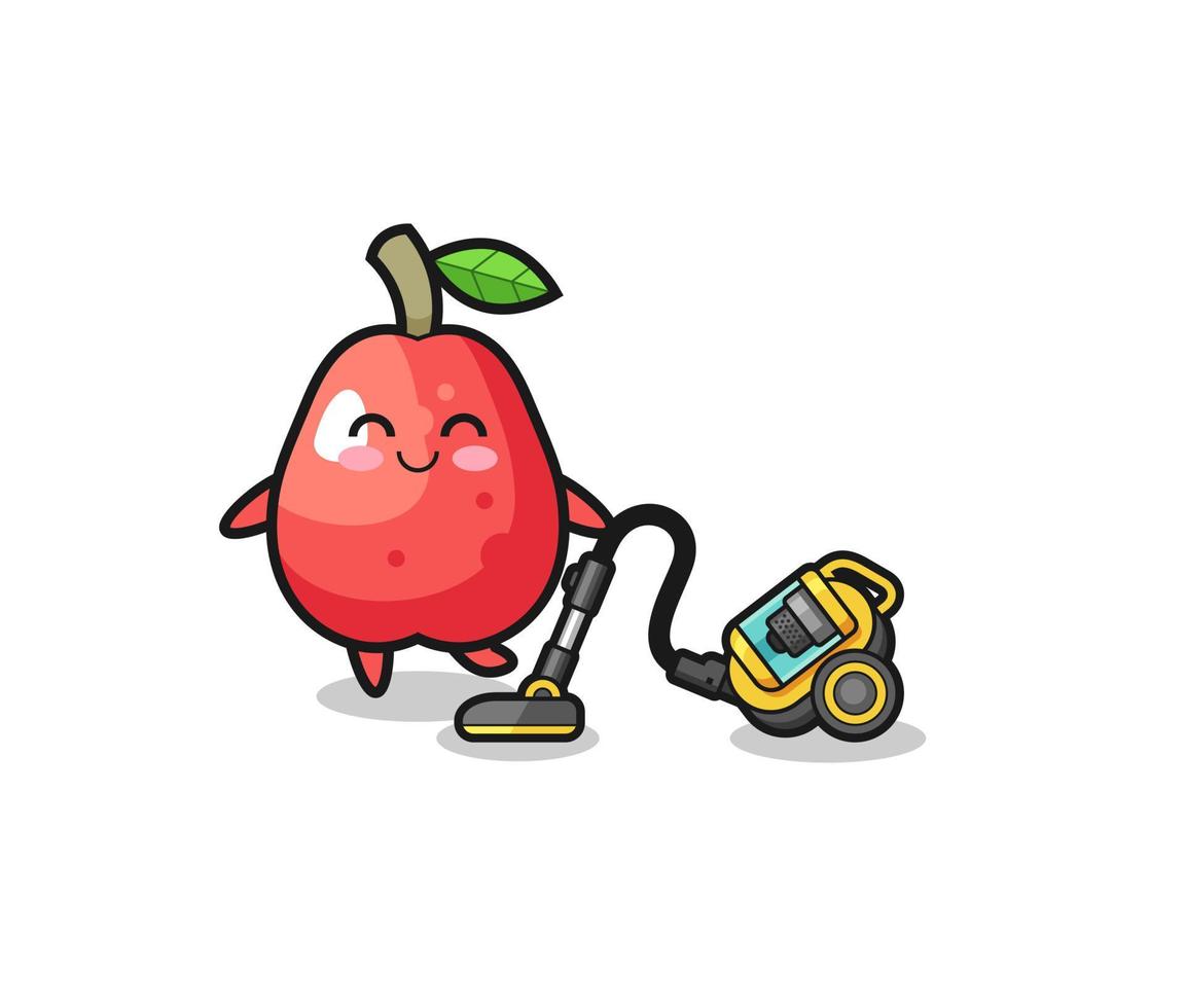 cute water apple holding vacuum cleaner illustration vector